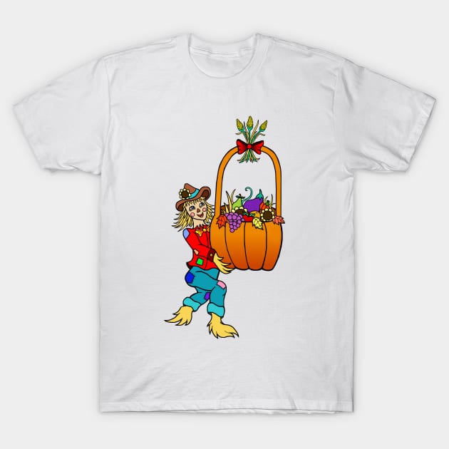 Scarecrow with Pumpkin Harvest Basket T-Shirt by Art by Deborah Camp